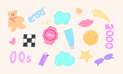 Collection on the theme of the 00s. Set of icons - hearts, star, badges and stickers. Glamorous vector illustration Y2k.