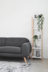 Shelving unit with houseplants and black sofa near light wall