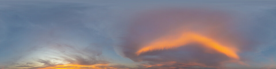 Panorama of a dark blue sunset sky with pink Cumulus clouds. Seamless hdr 360 panorama in spherical equiangular format. Full zenith for 3D visualization, sky replacement for aerial drone panoramas.