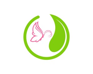 Circular green nature leaf with flying butterfly