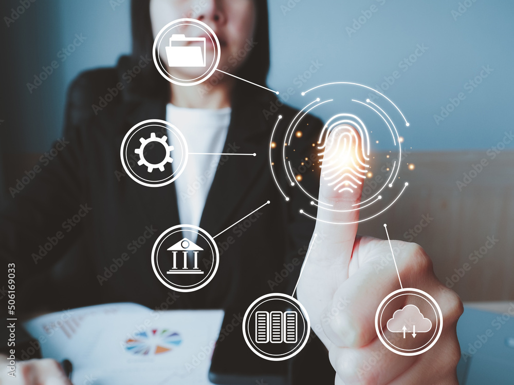 Poster businesswoman verifying with finger scan for identity, secure access to future technology on the int