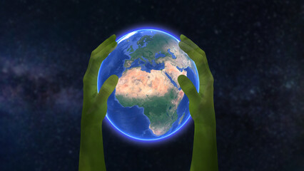 Mother nature protects the planet. The big green hands of mother nature hold our planet. Save the planet concept