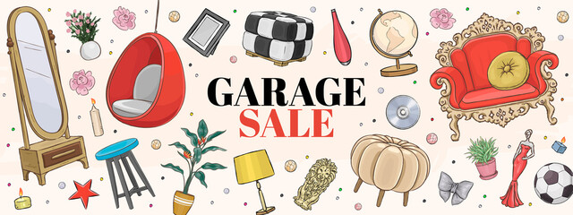 Garage sale concept illustration. Garage promotional sale horizontal banner with hand drawn furniture, lamp, vase, candle, flowers