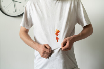 sauce dirty stain spot on the clothes, white t-shirt issue