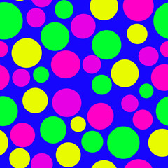 Vibrant multicolored irregular circles isolated on a bright blue background Abstract geometric seamless pattern
