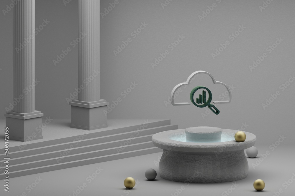 Fototapete Beautiful abstract illustrations Cloud with Search symbol icon on a fountain and column background. 3d rendering illustration. Seo And Business.