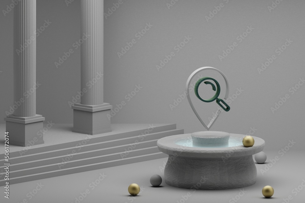 Poster Beautiful abstract illustrations Location with Search symbol icon on a fountain and column background. 3d rendering illustration. Seo And Business.