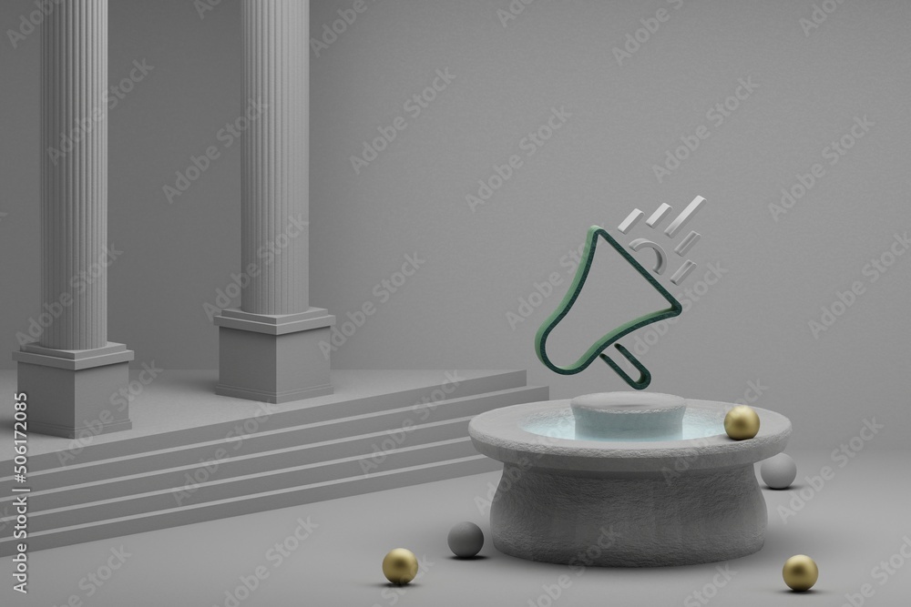 Aufkleber Beautiful abstract illustrations Loud Speaker symbol icon on a fountain and column background. 3d rendering illustration. Seo And Business.