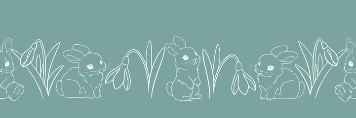 seamless spring banner template, Easter bunny and spring flowers, snowdrops and crocuses, cute little hare, hand-drawn lines, chalk on a gray background, pattern background for printing