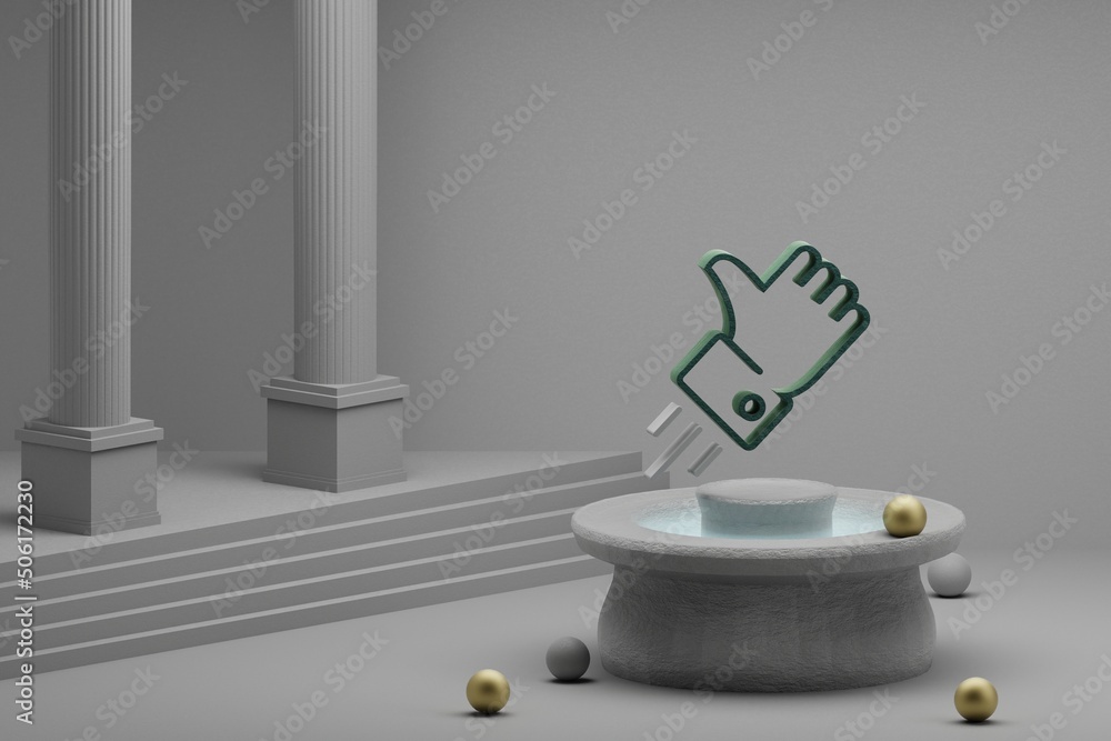 Poster Beautiful abstract illustrations Thumbs Up symbol icon on a fountain and column background. 3d rendering illustration. Seo And Business.