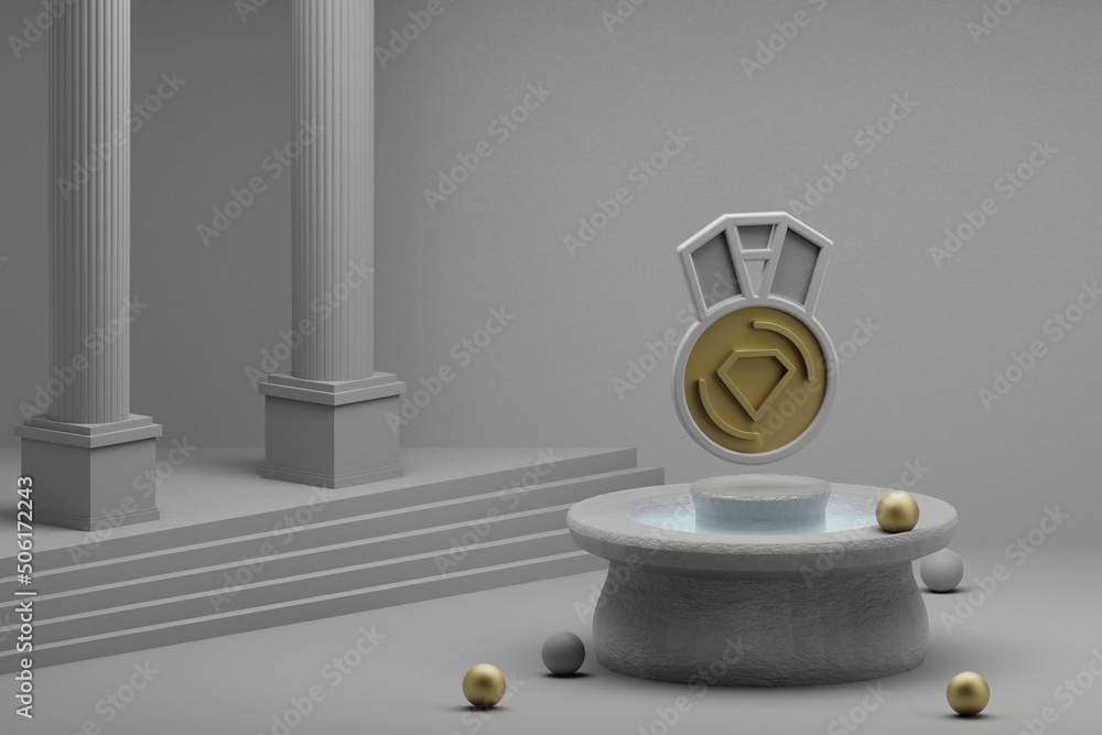 Poster beautiful abstract illustrations winner medal symbol icon on a fountain and column background. 3d re