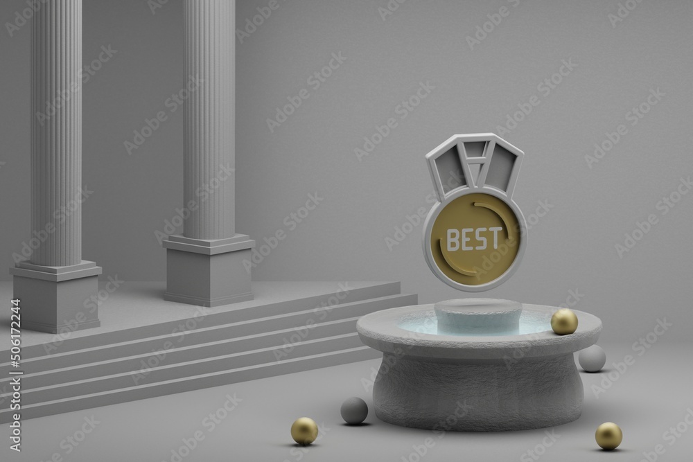 Poster beautiful abstract illustrations best medal symbol icon on a fountain and column background. 3d rend