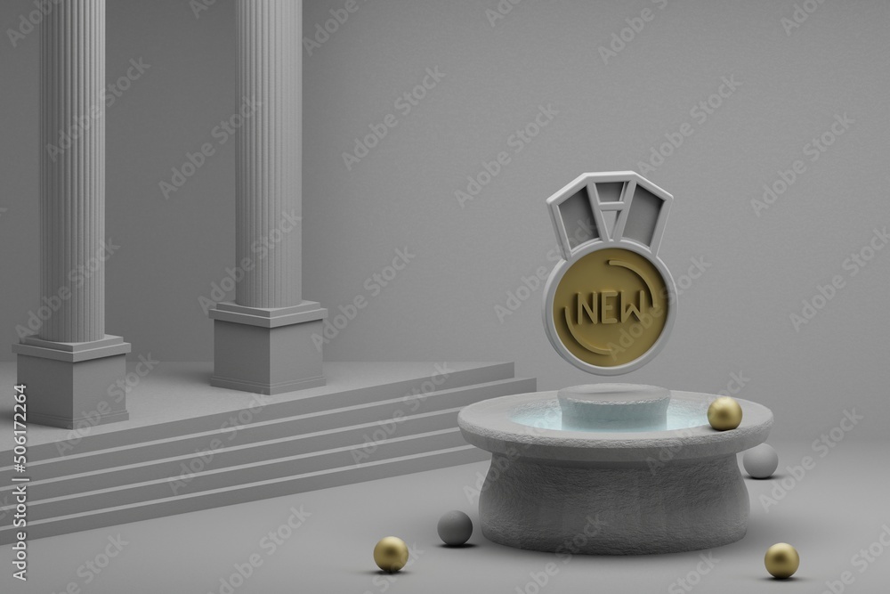 Poster beautiful abstract illustrations new medal symbol icon on a fountain and column background. 3d rende