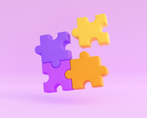 3d jigsaw puzzle pieces. Concept of business problems, education, development and teamwork. 3d high quality render on purple background.