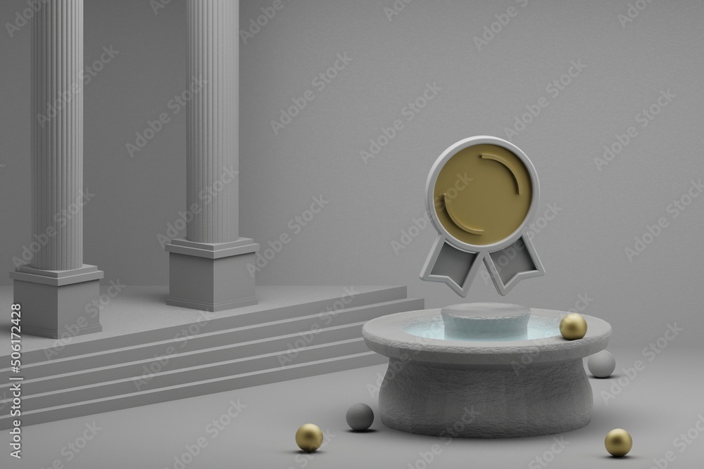 Poster Beautiful abstract illustrations Badge symbol icon on a fountain and column background. 3d rendering illustration