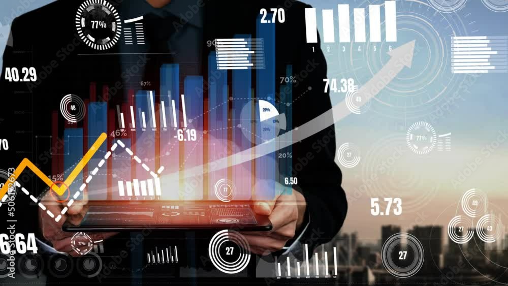 Aufkleber double exposure image of business and finance conceptual - businessman with report chart up forward 