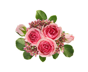 Pink roses and hylotelephium flowers in a floral arrangement isolated on white. Top view