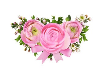 Pink chamelaucium and ranunculus flowers in a floral wave arrangement isolated on white