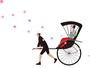春、桜と人力車と和服の女性.和風イラスト