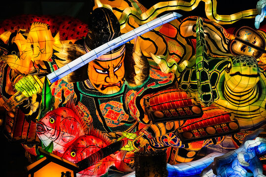 Aomori, Japan - February 16 2017: a spectacular warrior Nebuta float used for "Aomori Nebuta Matsuri Festival" at Nebuta Museum Wa Rasse in Aomori prefecture Japan