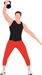 Vector illustration of a sporty young man with a kettlebell, dumbbells, does sports