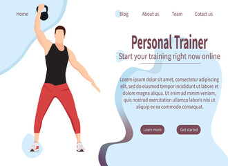 Vector illustration landing, banner for the website athletic young man, dumbbells
