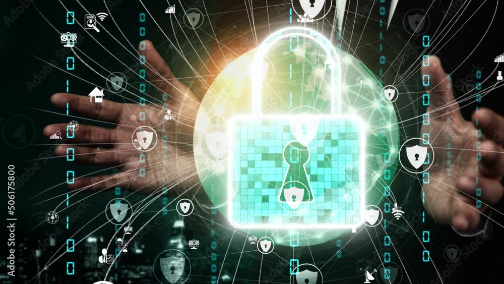 Poster cyber security encryption technology to protect data privacy conceptual . 3d render computer graphic