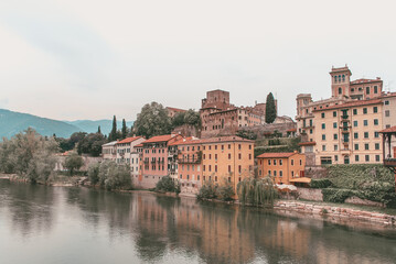 View of Bassano del Grappa with the Brenta River from the Alpini Bridge, Vicenza, Veneto, Italy, Europe