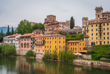 View of Bassano del Grappa with the Brenta River from the Alpini Bridge, Vicenza, Veneto, Italy, Europe