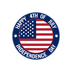 Happy Fourth of July, United States of America Independence Day celebrating round sign. Text around USA flag. Freedom, equality symbol. Flat vector design for emblem, label, sticker. Isolated on white