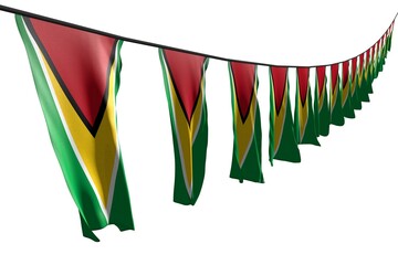 pretty independence day flag 3d illustration. - many Guyana flags or banners hanging diagonal with perspective view on string isolated on white