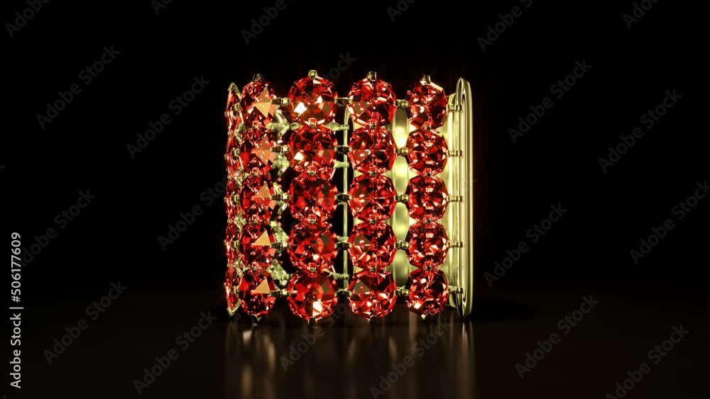 Poster golden bangle with red ruby gem stones rotate, isolated, fictitious - loop video