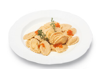 Vareniki with fish close-up. Photo of food on a white background
