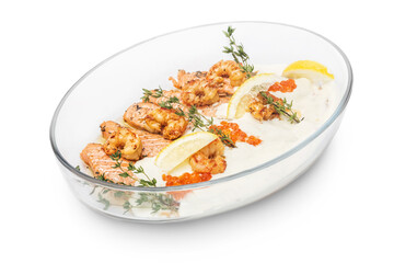 Rice shrimp and fish closeup. Photo of food on a white background