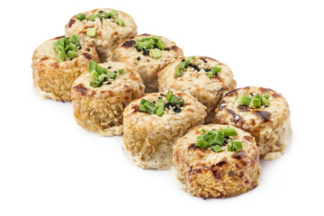 Baked sushi close-up. Photo of food on a white background
