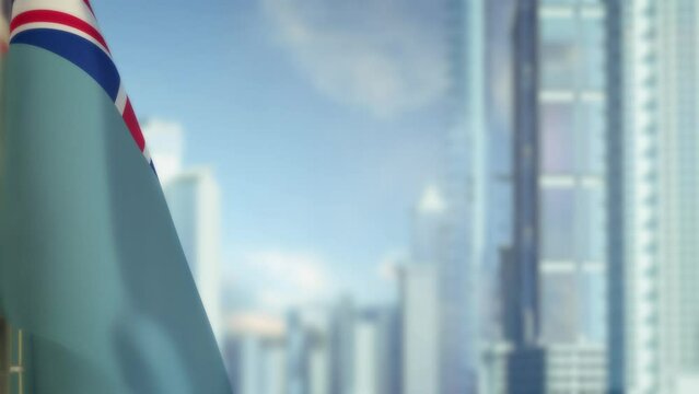 hanging Fiji flag on city background with blue sky