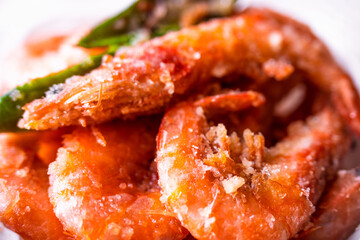 Fried king shrimps close-up, tasty, crispy, large, photo with shallow depth of field. Delicious food concept.