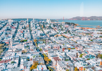 Beautiful bird's eye view of the city and San Francisco Bay from the Coit Tower, Photo processed in pastel colors