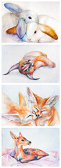 Watercolor infantile illustration set of cute forest animals. 