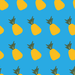 Seamless pattern with yellow pineapples blue background. Cute vector background. Bright summer fruits illustration. Fruit design for fabric and decor.