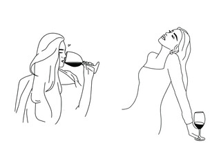 Collection with beautiful young woman drinking wine and relax. Woman silhouette in trendy line art style