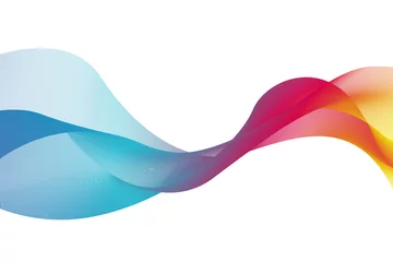 Deurstickers Kleurrijke abstracte golflijnen die horizontaal op een witte achtergrond stromen, ideaal voor technologie, muziek, wetenschap en de digitale wereld © Urelzita