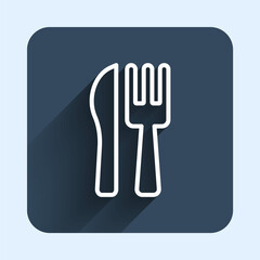 White line Crossed knife and fork icon isolated with long shadow background. Cutlery symbol. Blue square button. Vector