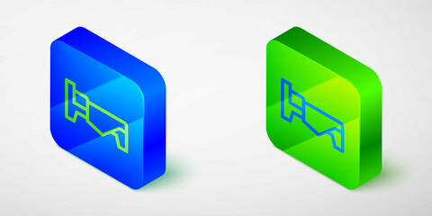 Isometric line Bed icon isolated on grey background. Blue and green square button. Vector