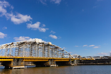 A closer look at the Vistula River that flows in the middle of the city of Krakow and the bridges over it - Poland.