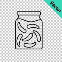 Black line Pickled cucumbers in a jar icon isolated on transparent background. Vector
