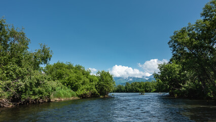 The blue calm river winds between the banks overgrown with lush green vegetation. In the distance, a mountain range is visible, hiding in the clouds. Kamchatka