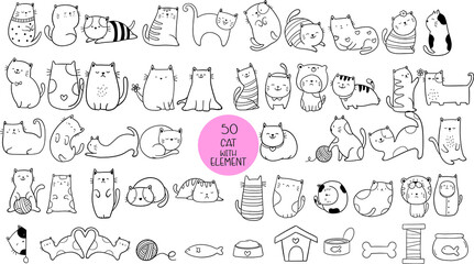Big set cat animal cartoon hand drawn,doodle,line art
style Cute cartoon funny character. 
Pet collection. Flat design Baby background.vector illustration