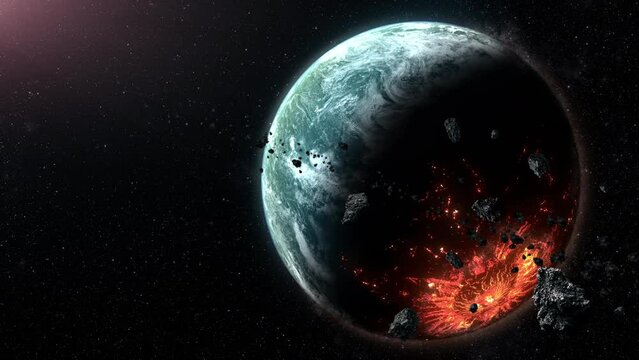 The Hammer of God. Futuristic concept of deep space exploration discovering a new alien planet being hit by a large meteorite with rocks debris floating around the planet. Alien world concept