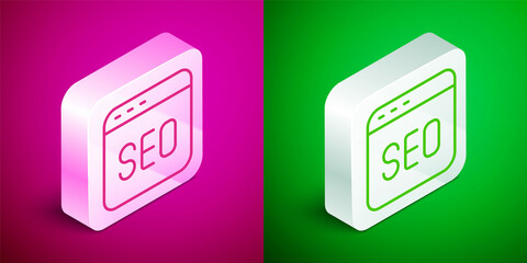 Isometric line SEO optimization icon isolated on pink and green background. Silver square button. Vector